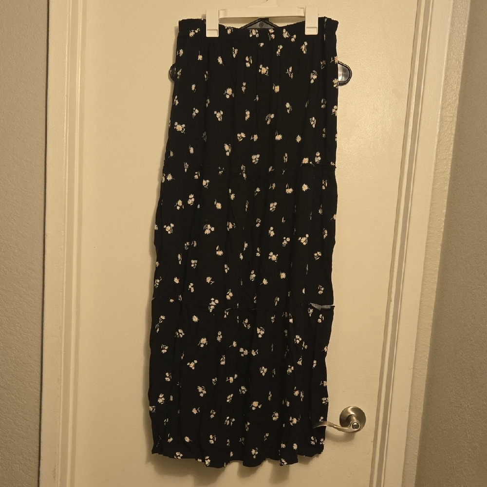 Pink Rose Black Floral Maxi Skirt